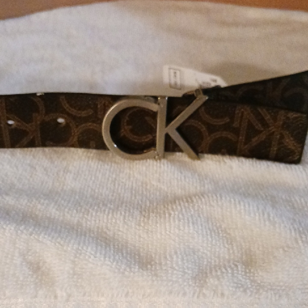 Calvin Klein Dark Brown Monogram Belt with Silver Buckle